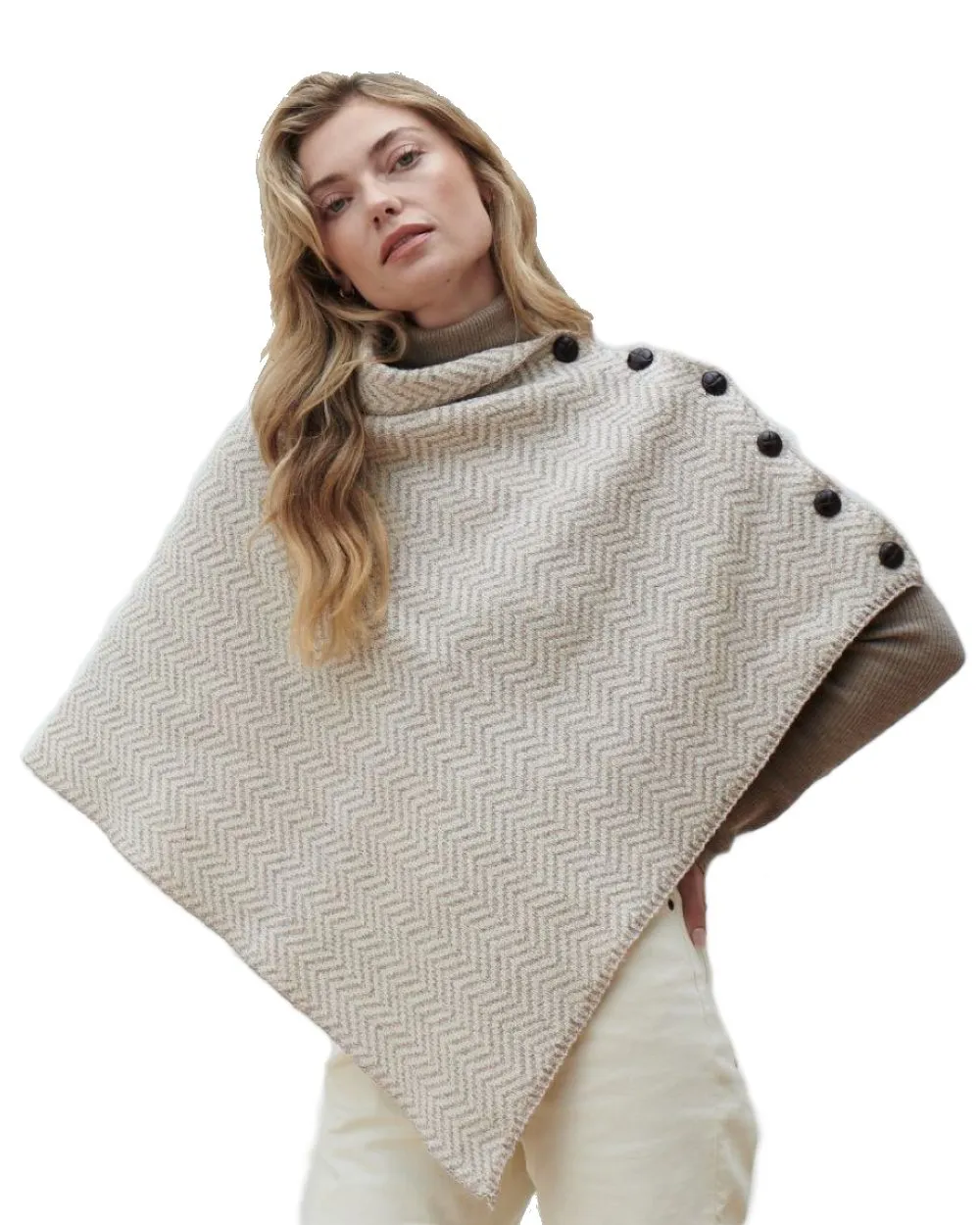 Aran Herringbone Poncho with Buttons