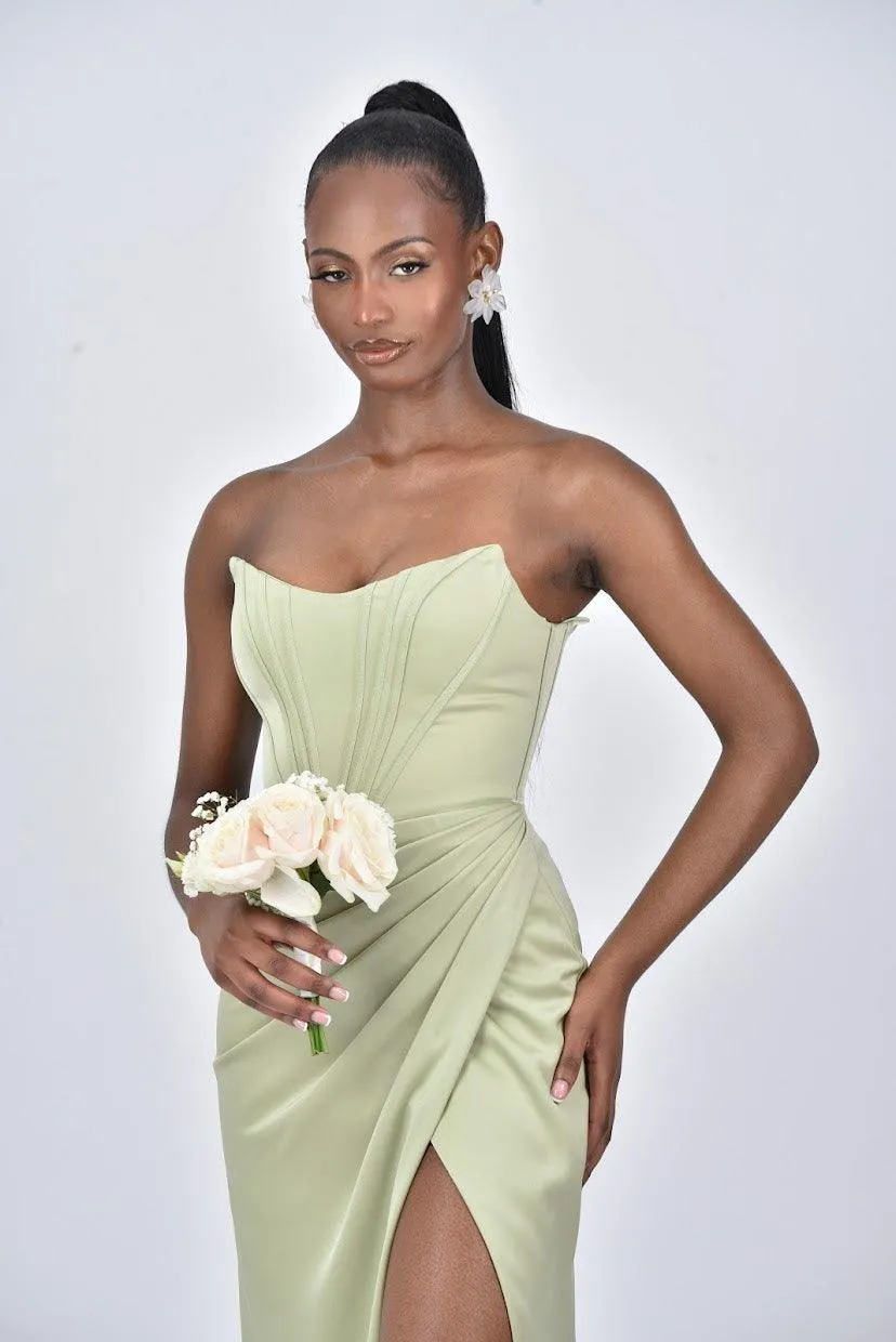 ARIANNA Detachable Off Shoulder Corset Bridesmaids Maxi Dress with Side Split - Sage Green