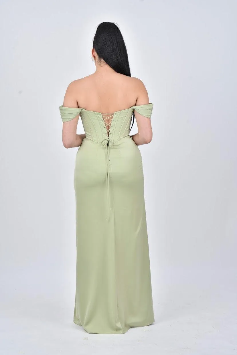 ARIANNA Detachable Off Shoulder Corset Bridesmaids Maxi Dress with Side Split - Sage Green