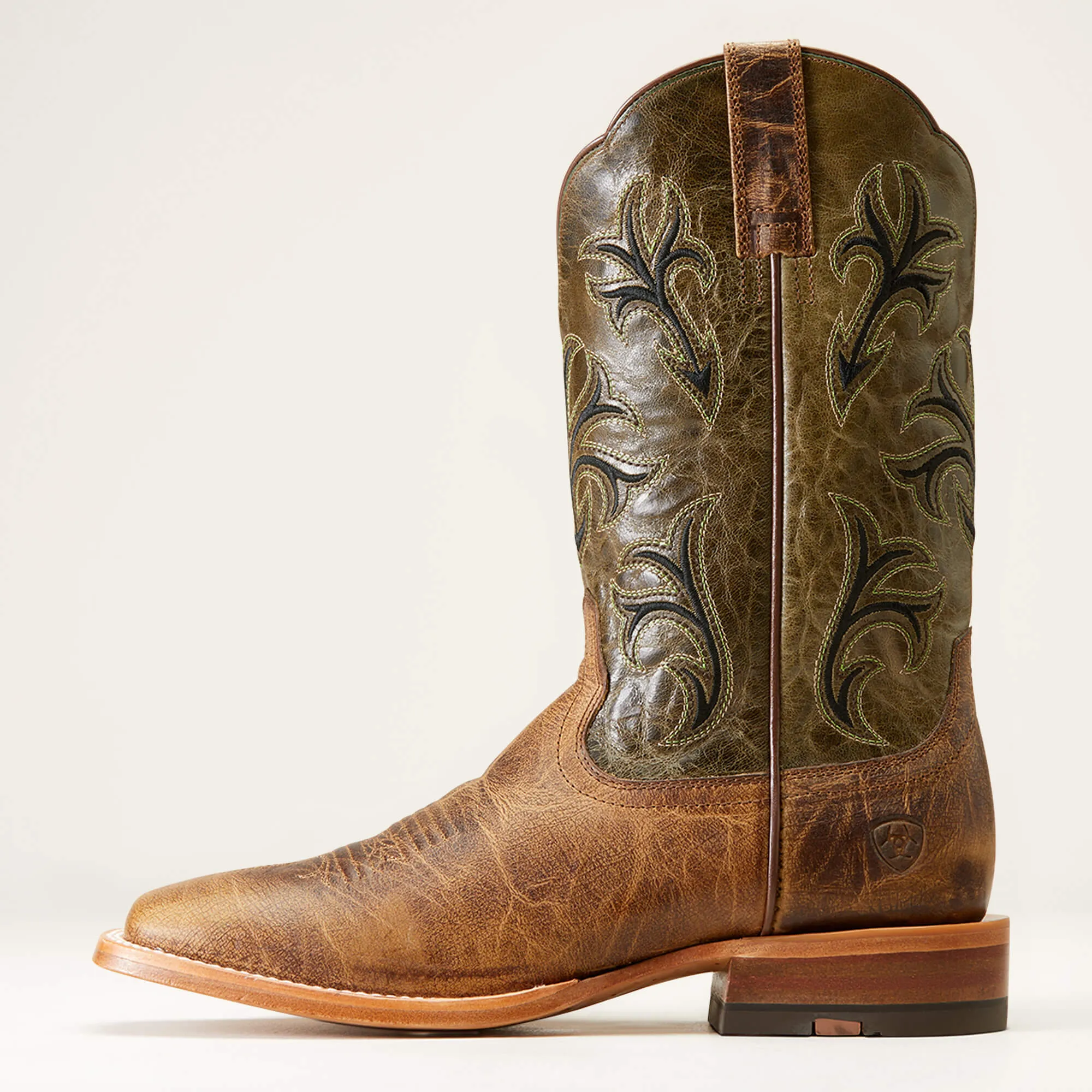 Ariat Men's Brown Cowboss Broad Square Toe Western Boots with Prairie Green Tops