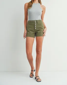 Army Girl Button Front Denim High Waisted Shorts in Olive