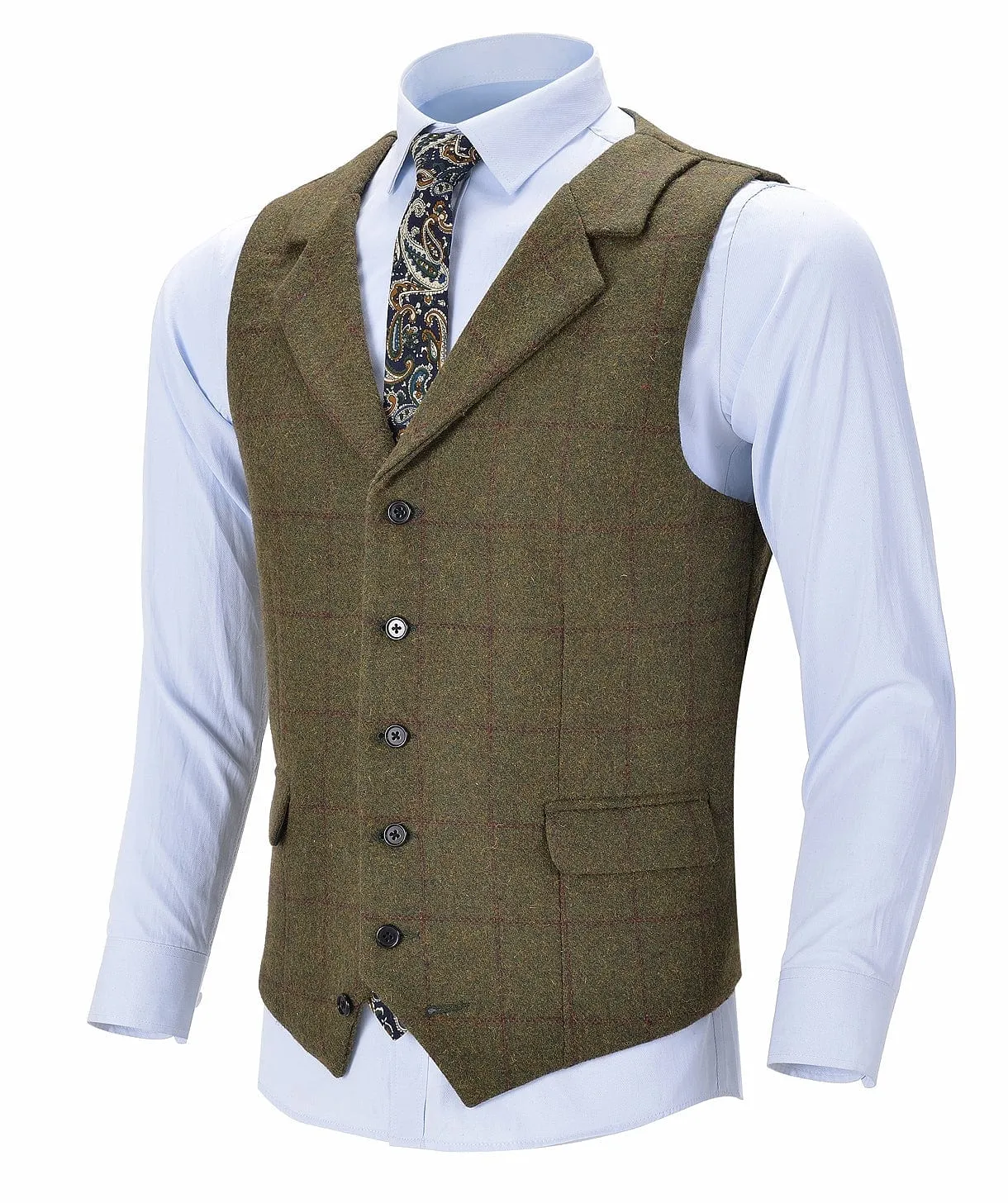 Army Green Formal Plaid Notch Lapel Waistcoat Slim Fit Suit Vest