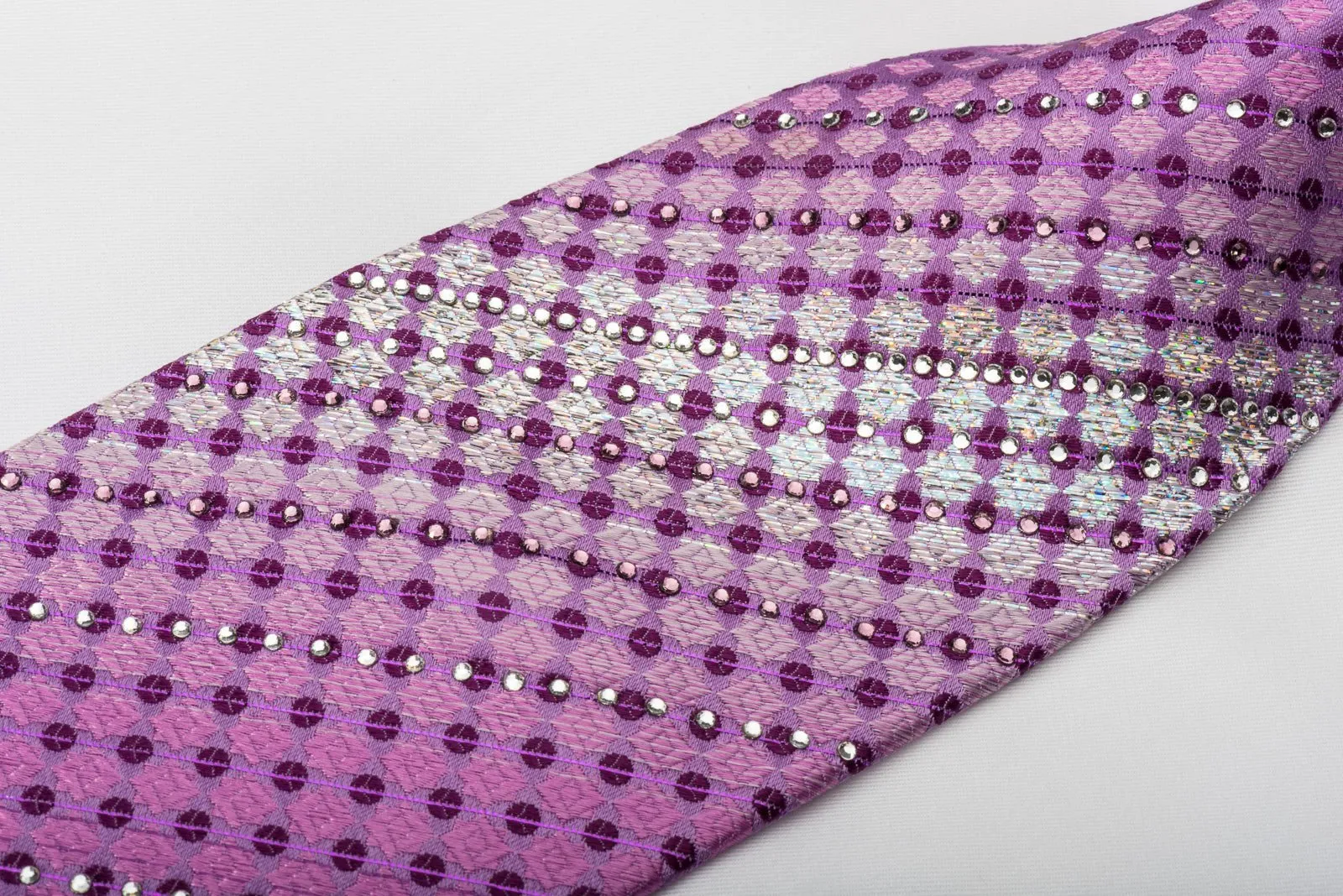 Arpeggio Rhinestone Silk Necktie Checker Dots On Purple With Silver Sparkles