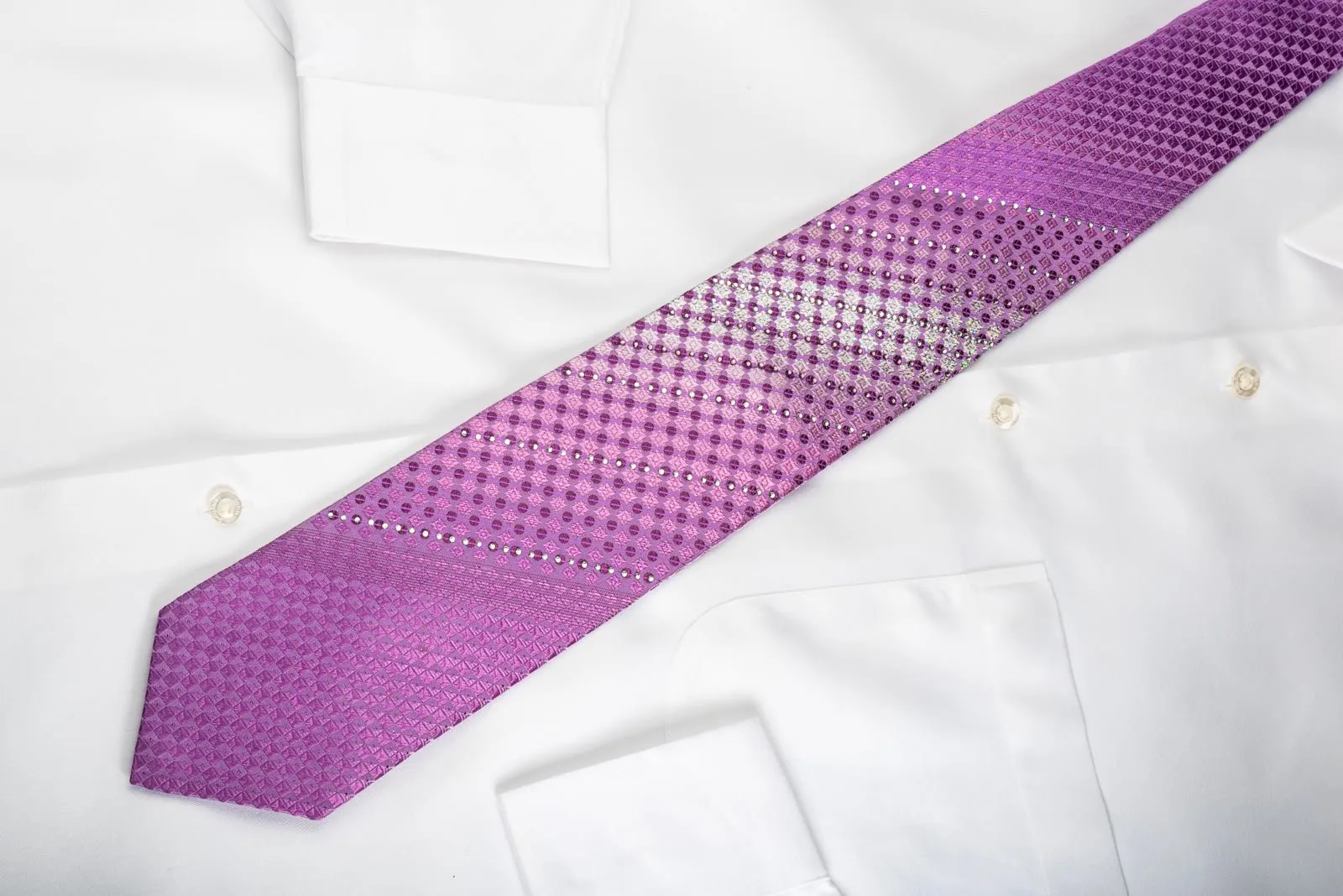 Arpeggio Rhinestone Silk Necktie Checker Dots On Purple With Silver Sparkles