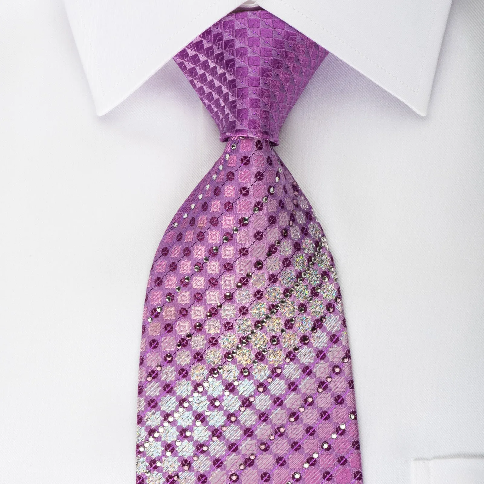 Arpeggio Rhinestone Silk Necktie Checker Dots On Purple With Silver Sparkles