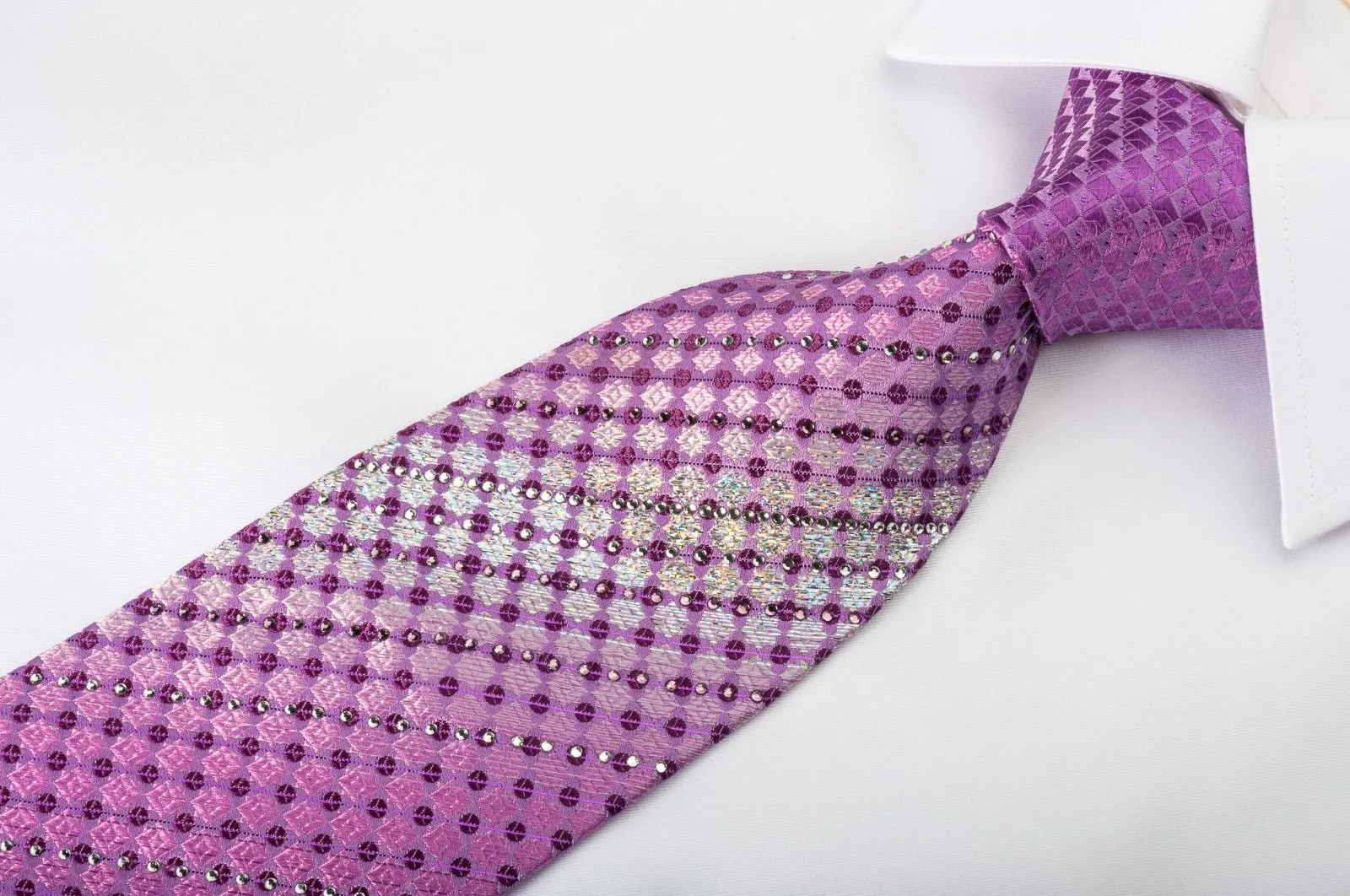 Arpeggio Rhinestone Silk Necktie Checker Dots On Purple With Silver Sparkles