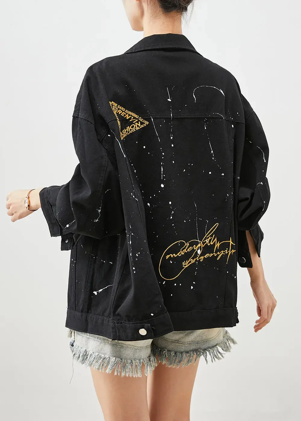 Art Black Oversized Letter Print Denim Jackets Fall ML0519