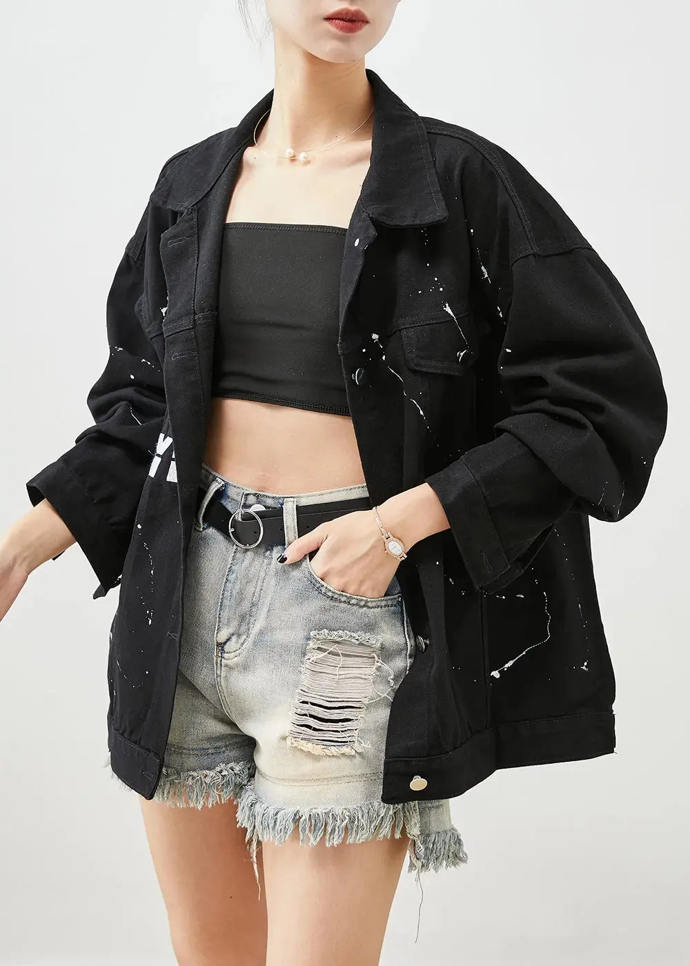 Art Black Oversized Letter Print Denim Jackets Fall ML0519