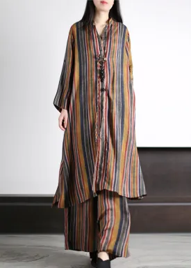 Art Coffee V Neck Striped Patchwork Silk Maxi Shirts And Wide Leg Pants Two Piece Set Spring LY5137