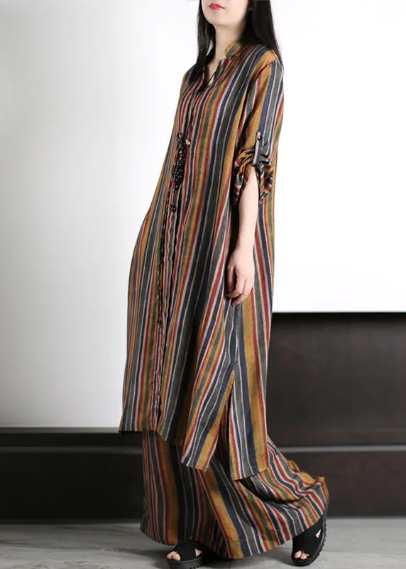 Art Coffee V Neck Striped Patchwork Silk Maxi Shirts And Wide Leg Pants Two Piece Set Spring LY5137