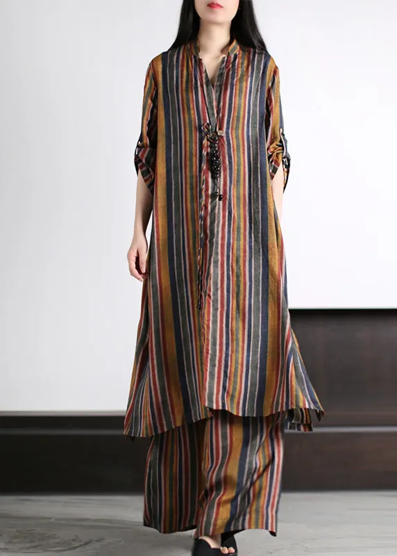 Art Coffee V Neck Striped Patchwork Silk Maxi Shirts And Wide Leg Pants Two Piece Set Spring LY5137