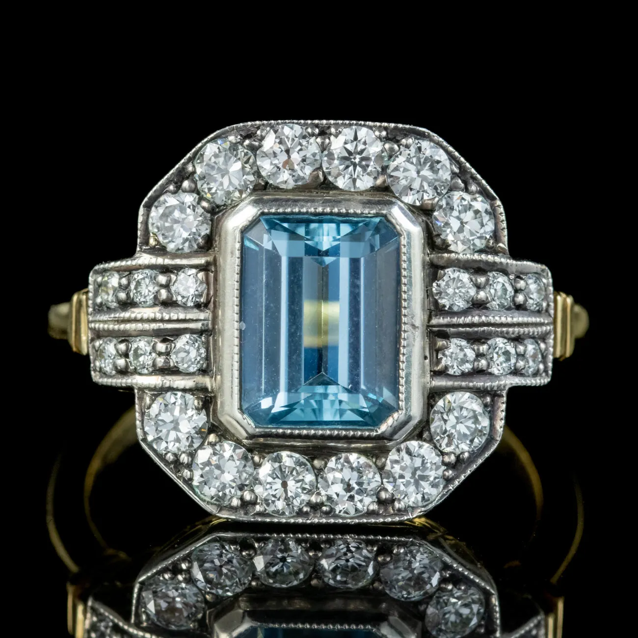 Art Deco Aquamarine Diamond Cluster Ring 2ct Aqua