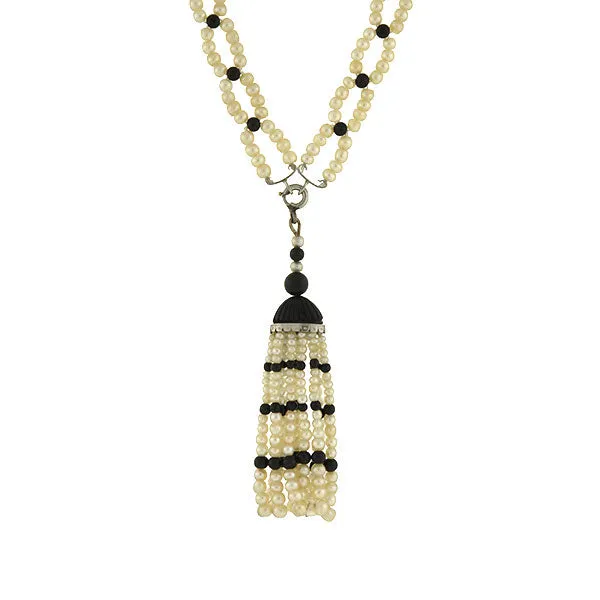 Art Deco Platinum, Natural Pearl & Enamel Bead Necklace w/ Tassel