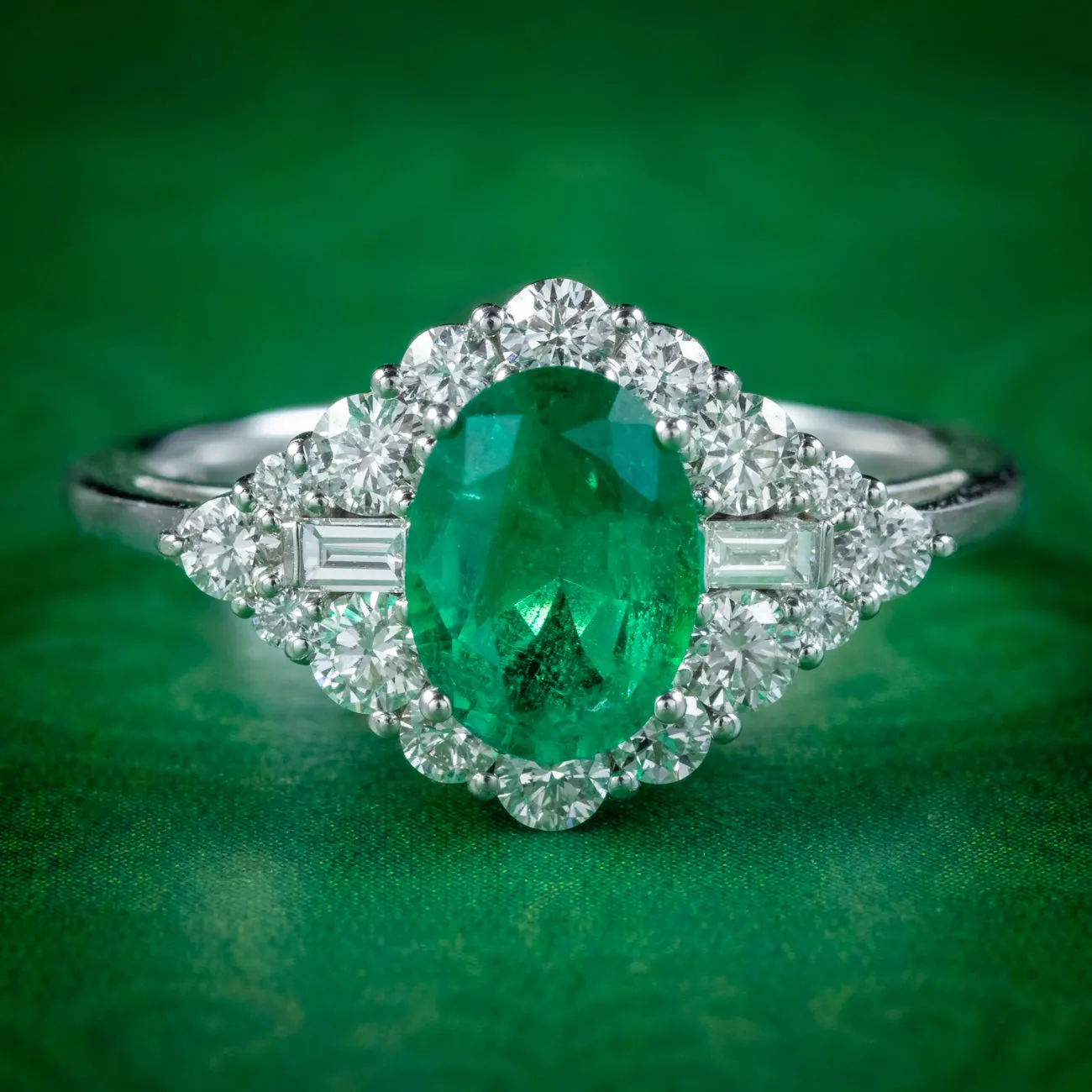 Art Deco Style Emerald Diamond Cluster Ring 1.25ct Emerald