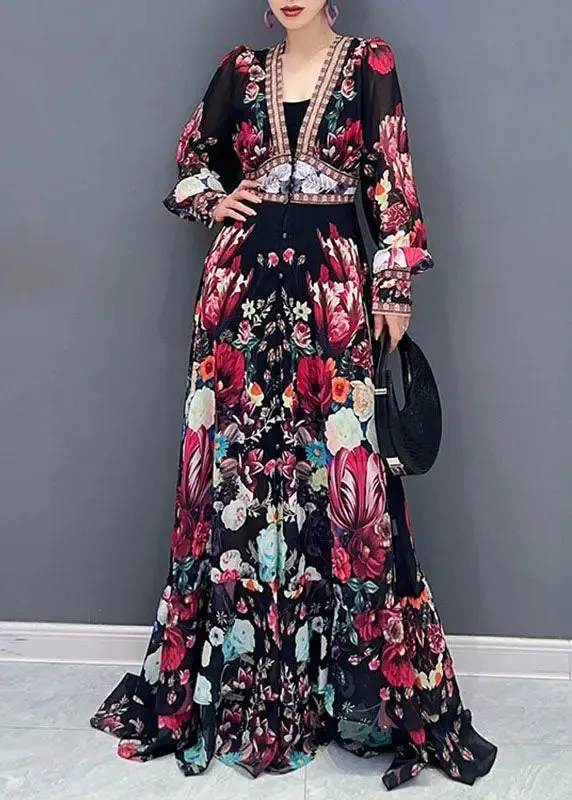 Art V Neck Print Chiffon Long Dresses Fall ML2648