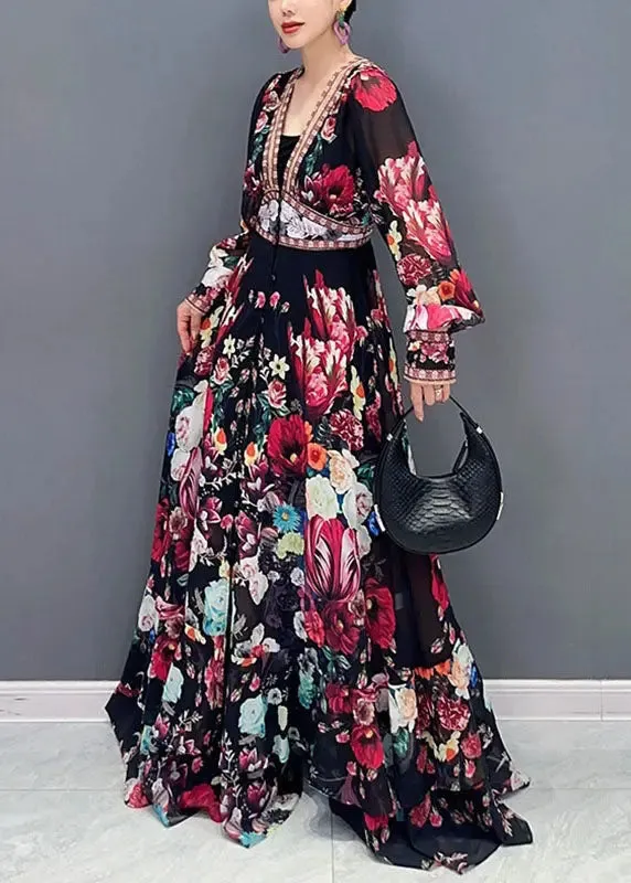 Art V Neck Print Chiffon Long Dresses Fall ML2648