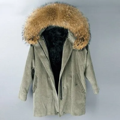 Ashore Shop fur coat coat winter jacket lady corduroy large real raccoon fur collar warm natural lamb fur lining coat