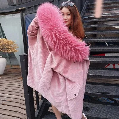 Ashore Shop fur coat coat winter jacket lady corduroy large real raccoon fur collar warm natural lamb fur lining coat