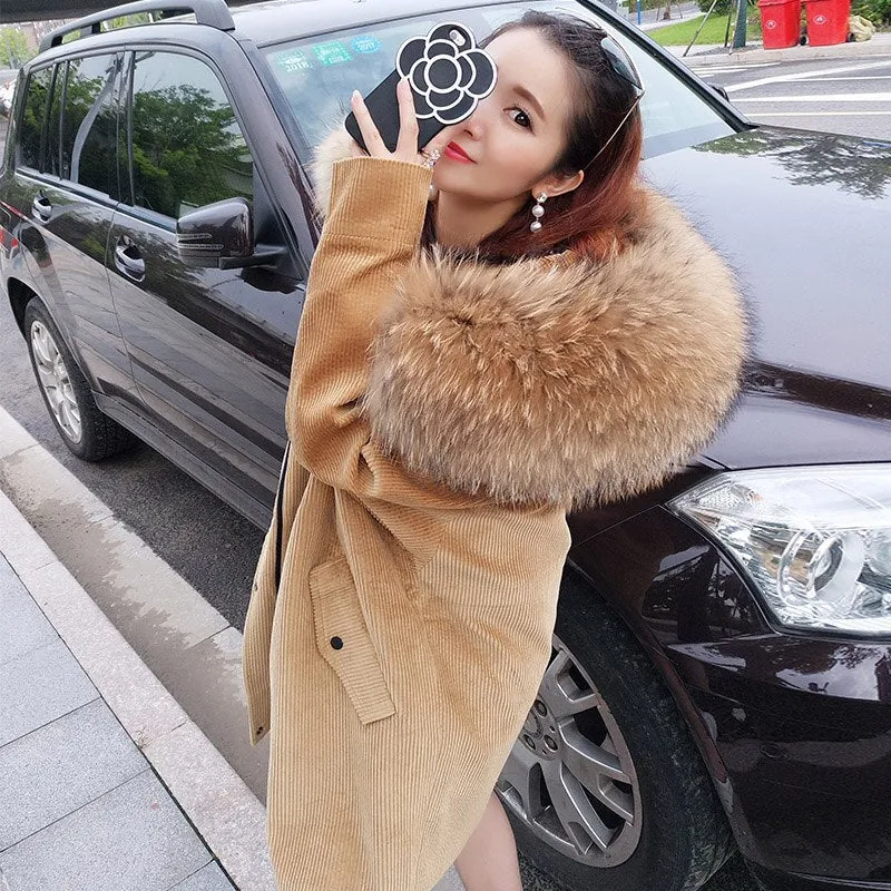 Ashore Shop fur coat coat winter jacket lady corduroy large real raccoon fur collar warm natural lamb fur lining coat