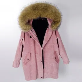 Ashore Shop fur coat coat winter jacket lady corduroy large real raccoon fur collar warm natural lamb fur lining coat