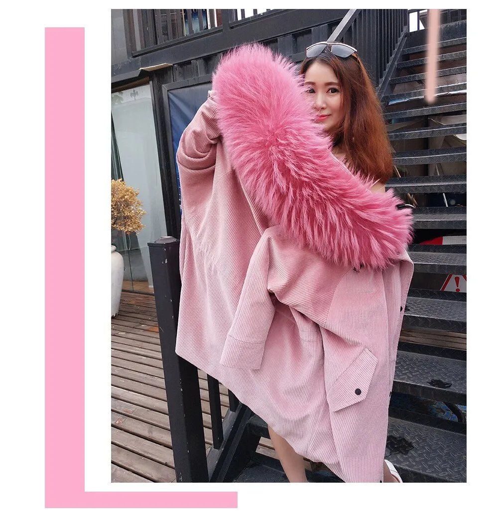 Ashore Shop fur coat coat winter jacket lady corduroy large real raccoon fur collar warm natural lamb fur lining coat