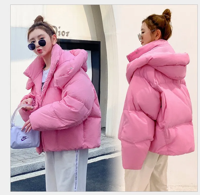 Ashore Shop winter new Korean style fluffy hooded bread down jacket women thick loose short jacket