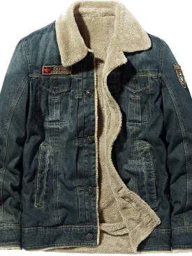 ASHORESHOP Mens Denim Coat with thick lamb wool cotton coat				 							        							Plus velvet thick design washed light retro denim fabric