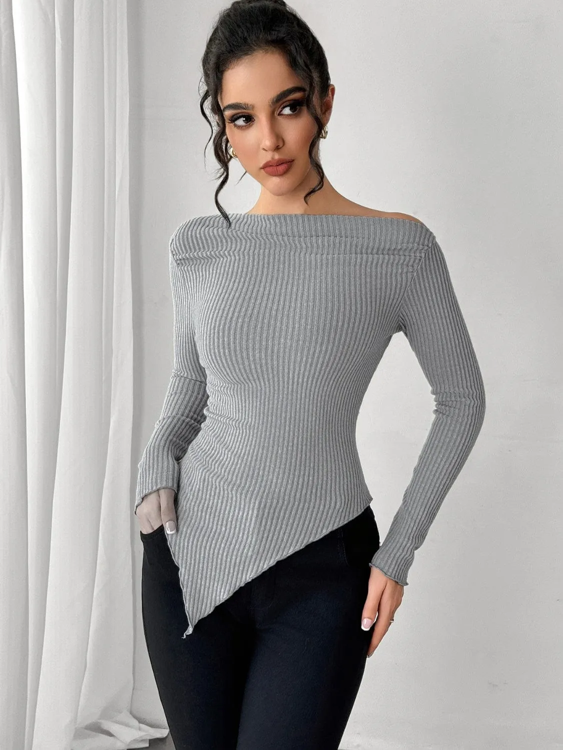 Asymmetric Hem Long Sleeve T-Shirt