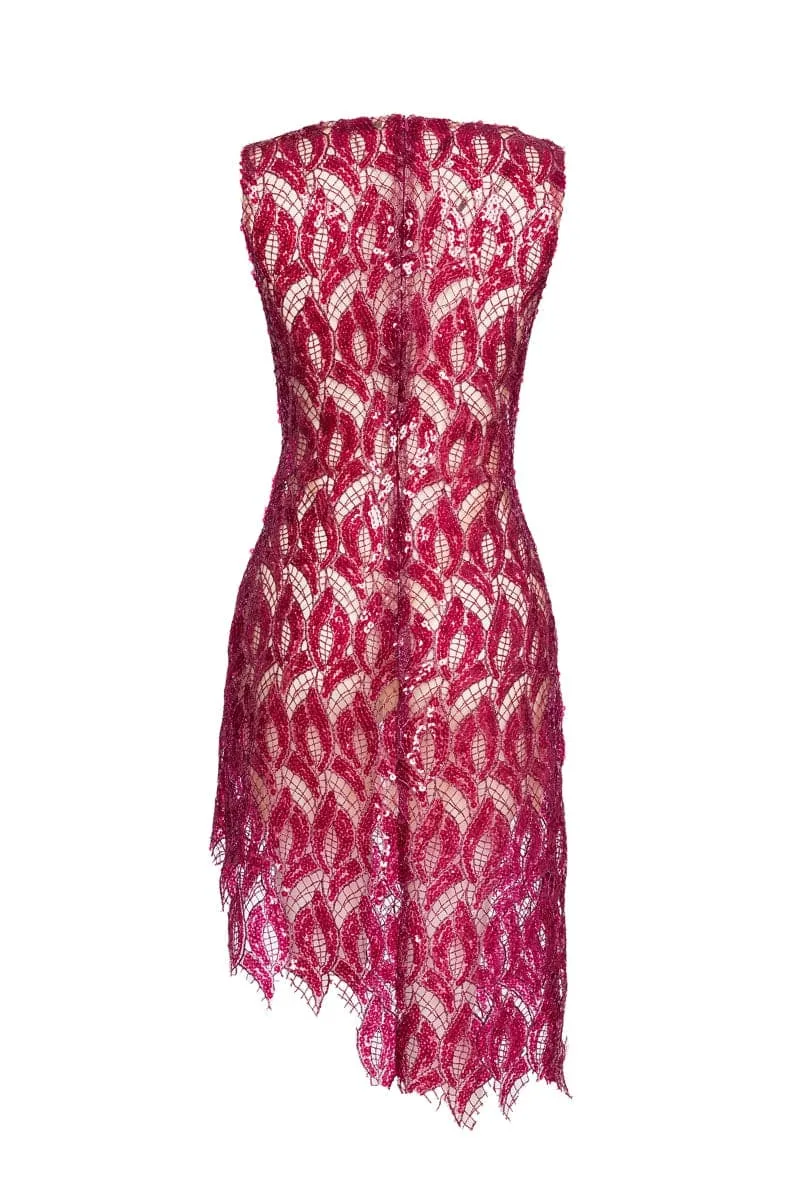 ASYMMETRIC SEQUINED LACE MINI DRESS WITH DETACHABLE ROSE