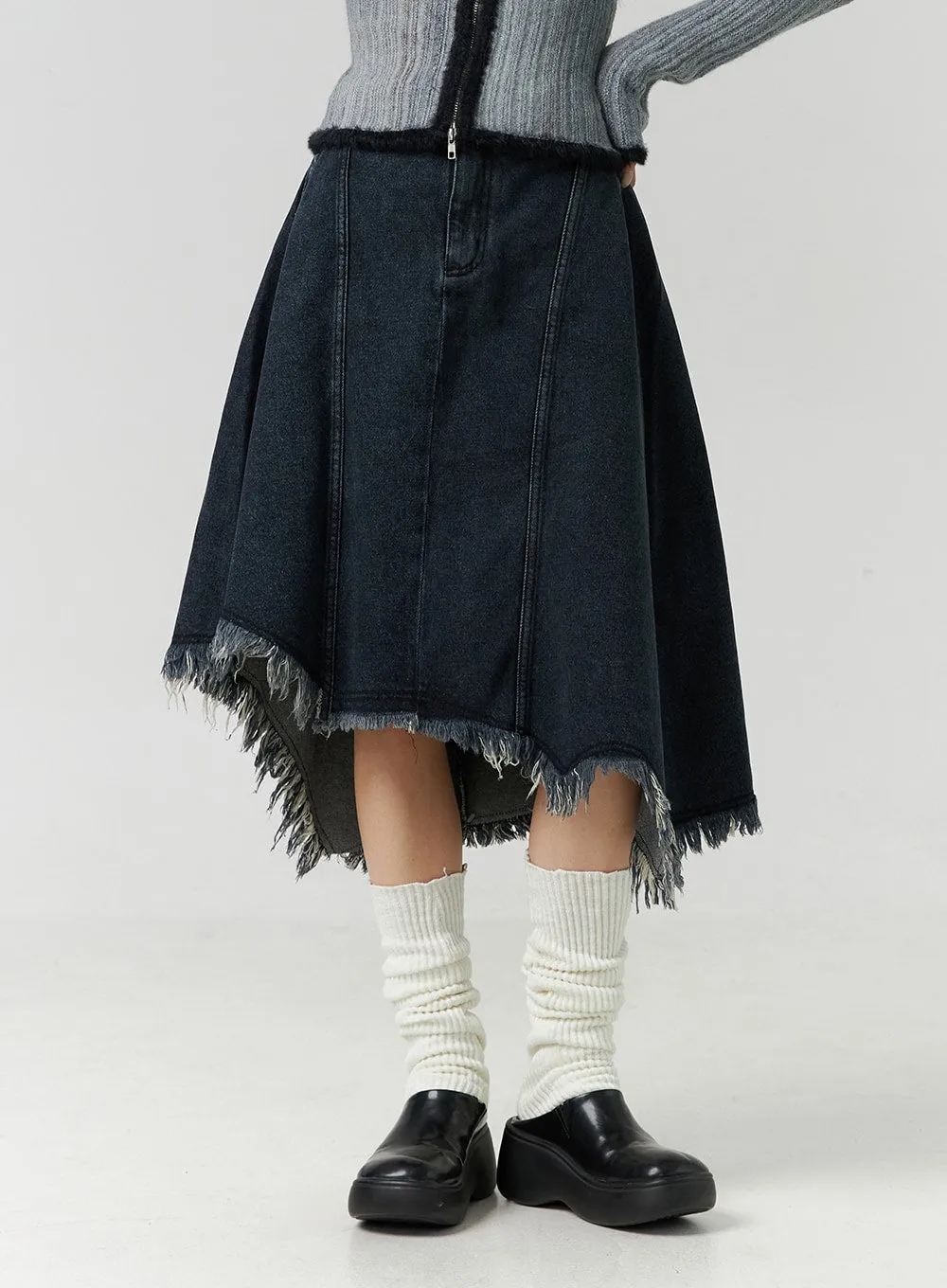 Asymmetrical Denim Midi Skirt CN329