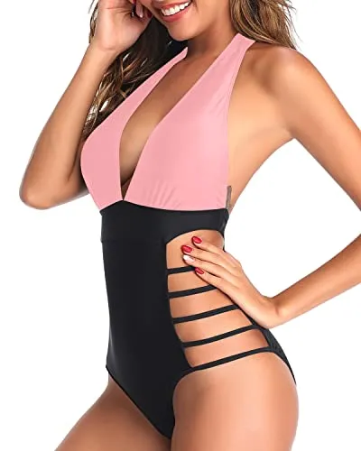 Attached Straps Monokini High Leg Cut Out String Swimwear-Pink And Black