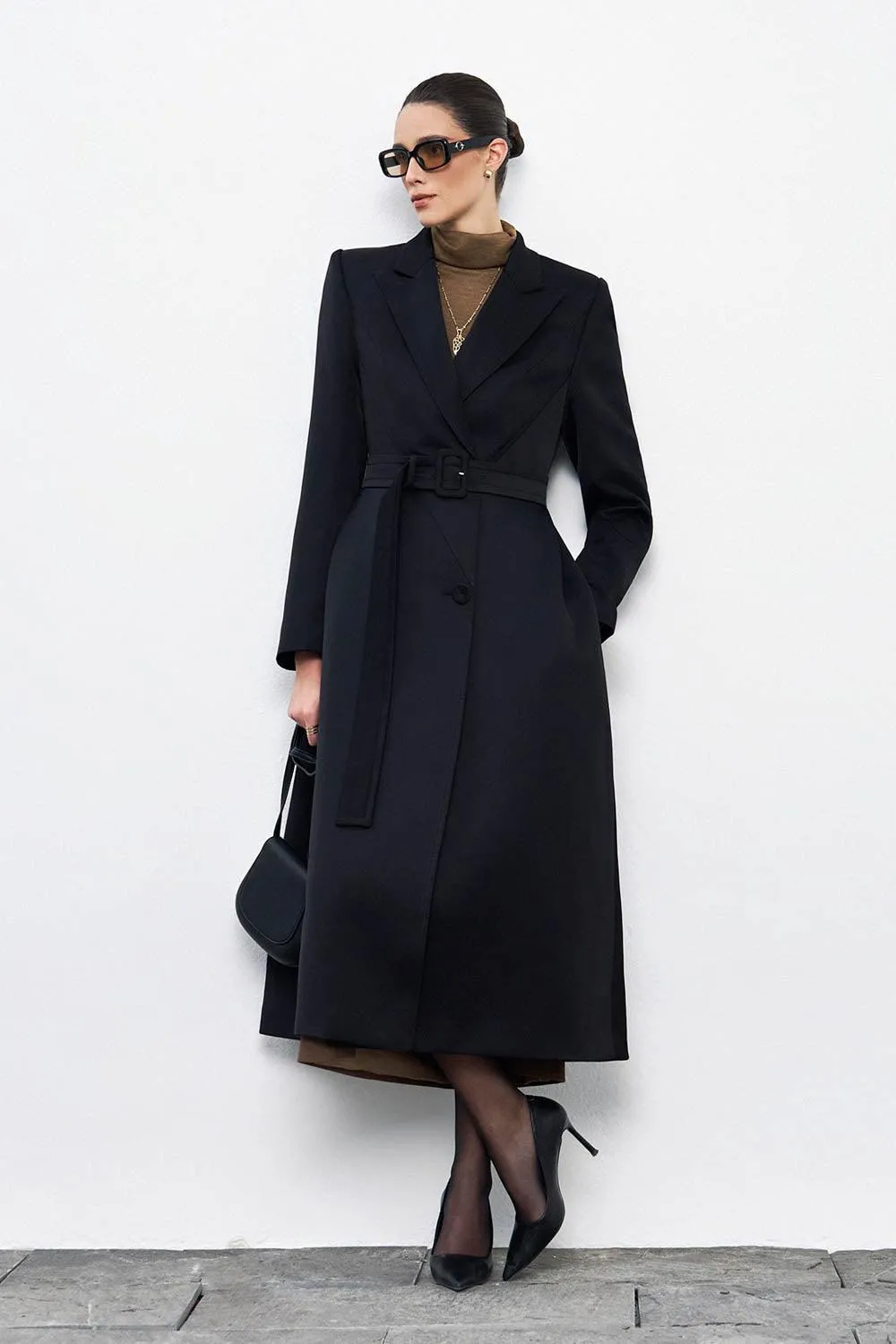 Audrey A-line Notch Lapel Taffeta Calf Length Trench Coat