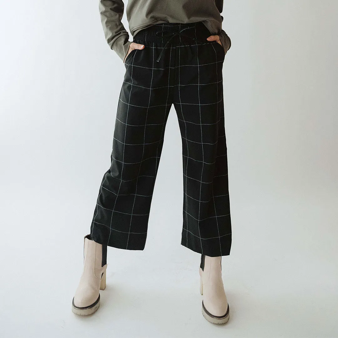 Audrey Wide Leg Pants, Black Windowpane