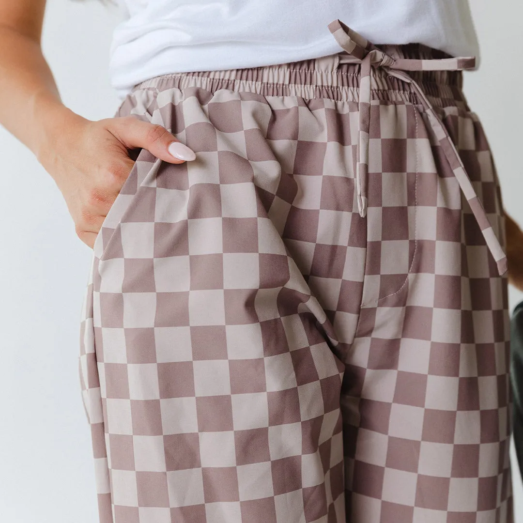 Audrey Wide Leg Pants, Brown Checkers