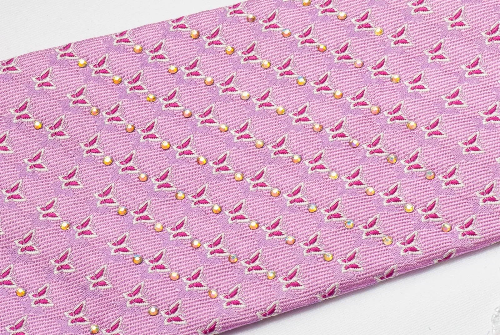 Avalon Silk Necktie With Rhinestones Butterflies On Pink Tie