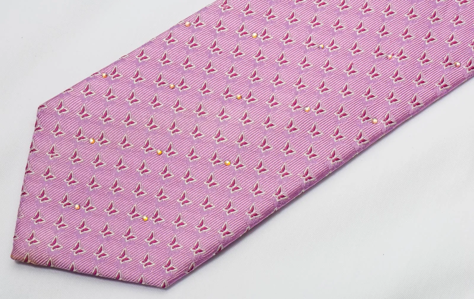 Avalon Silk Necktie With Rhinestones Butterflies On Pink Tie