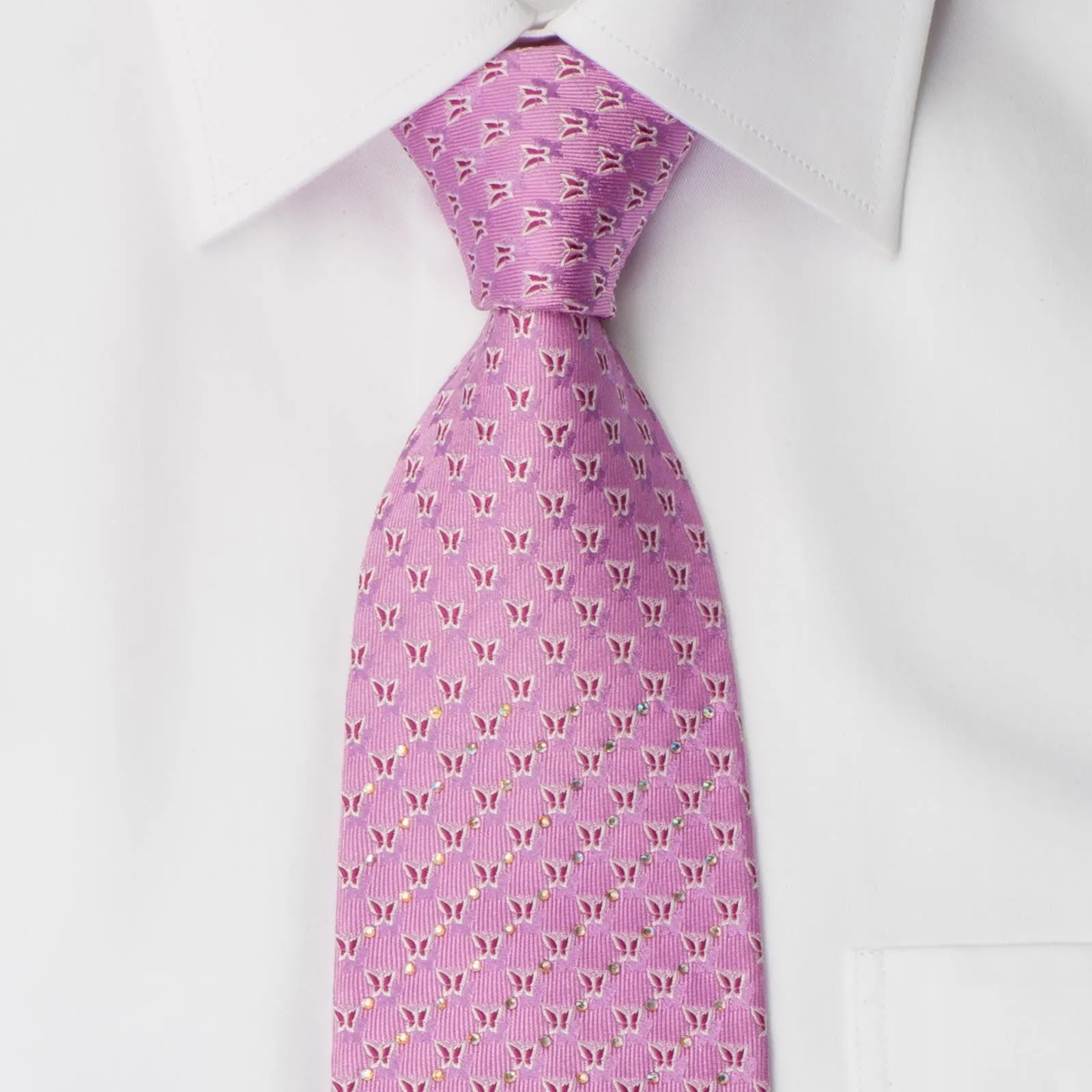 Avalon Silk Necktie With Rhinestones Butterflies On Pink Tie