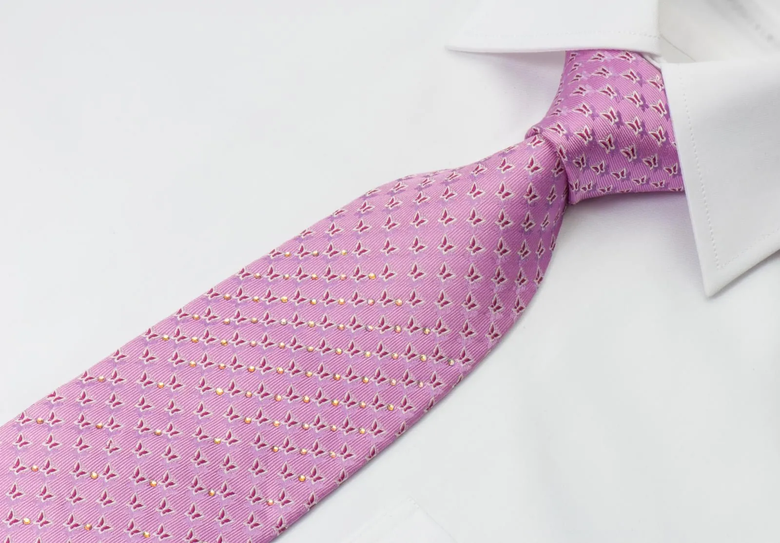 Avalon Silk Necktie With Rhinestones Butterflies On Pink Tie