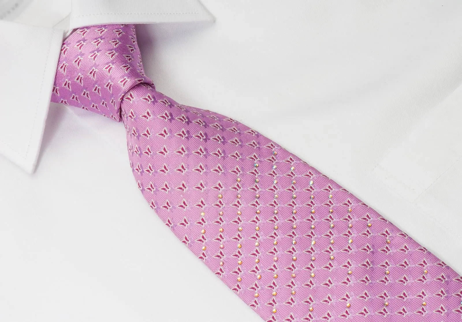 Avalon Silk Necktie With Rhinestones Butterflies On Pink Tie