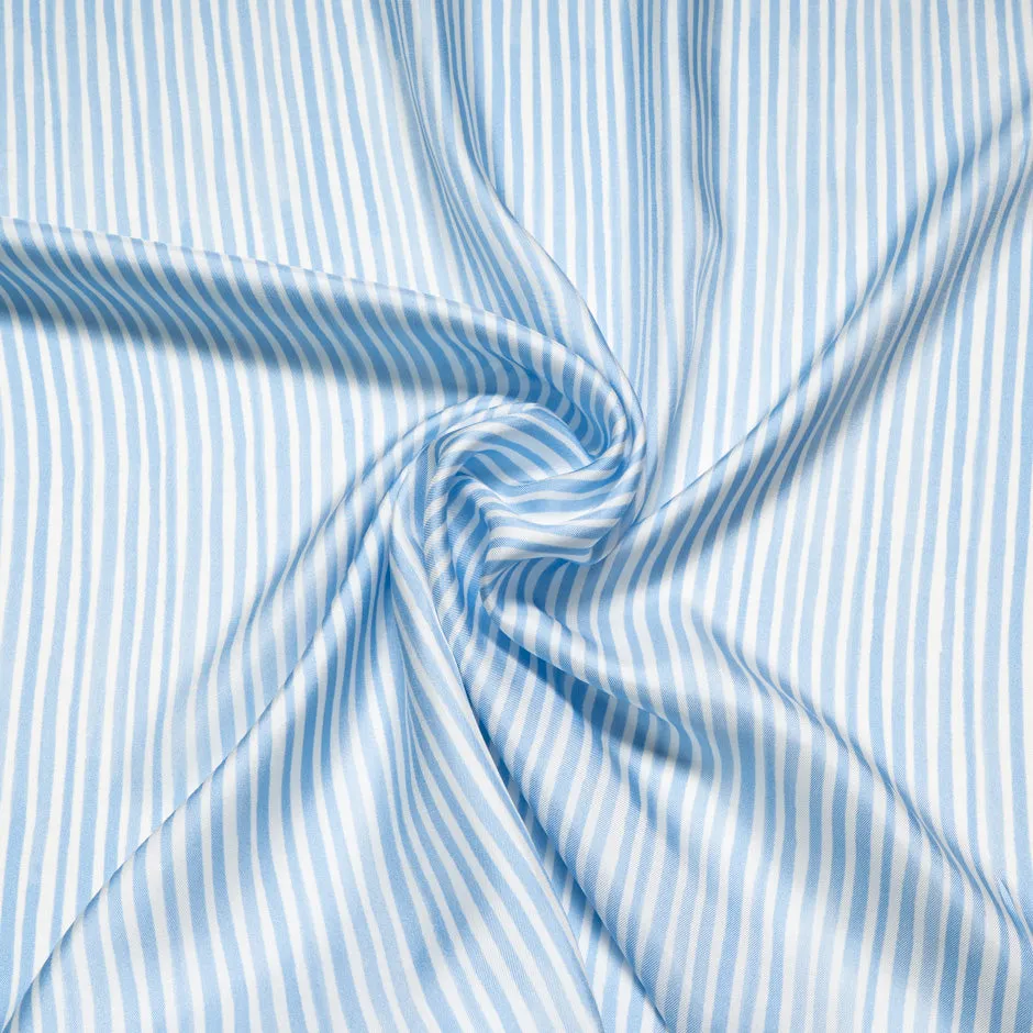 Baby Blue & White Striped Pure Silk Twill