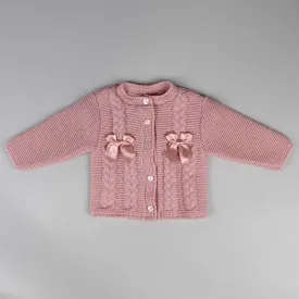 Baby Girls Cardigan With Cable Knit & Bows - Dusky Pink