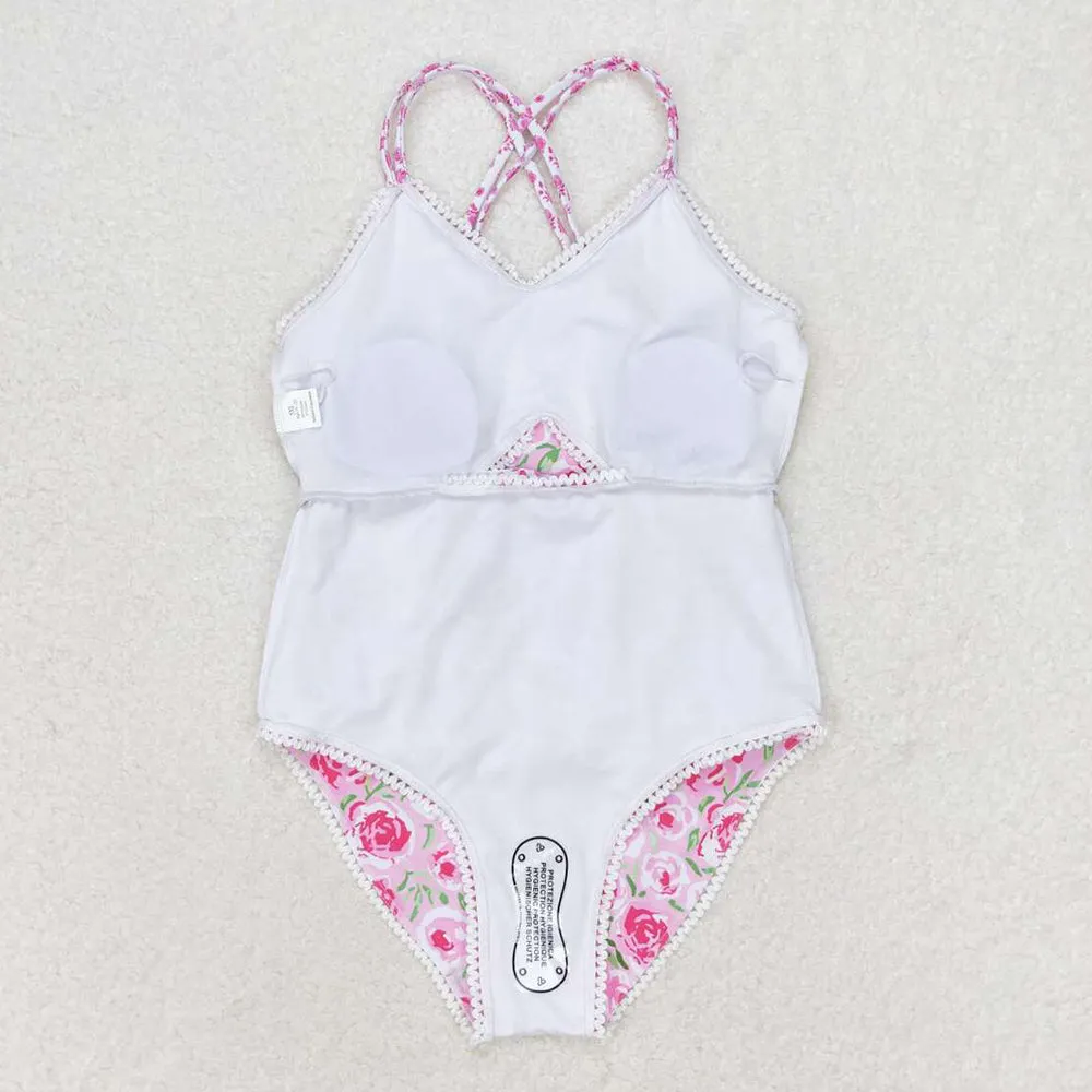 Baby Girls Swimsuits Pink Rose Flowers Ruffle One Piece Swimsuits S0247