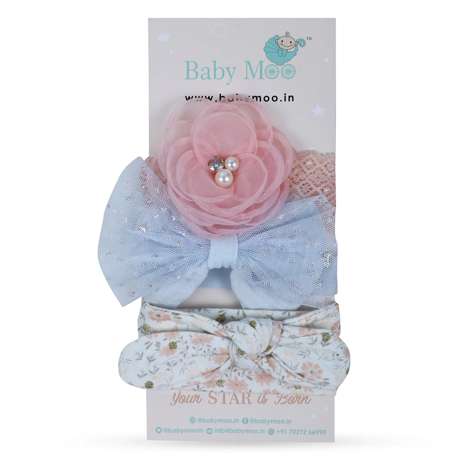 Baby Moo Emblished Flower Headband Set of 3 - Pink