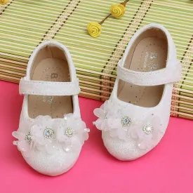 Baby Moo Rhinestone Floral Applique Lace Mary Jane Velcro Strap Anti-Skid Ballerina Shoes - Cream