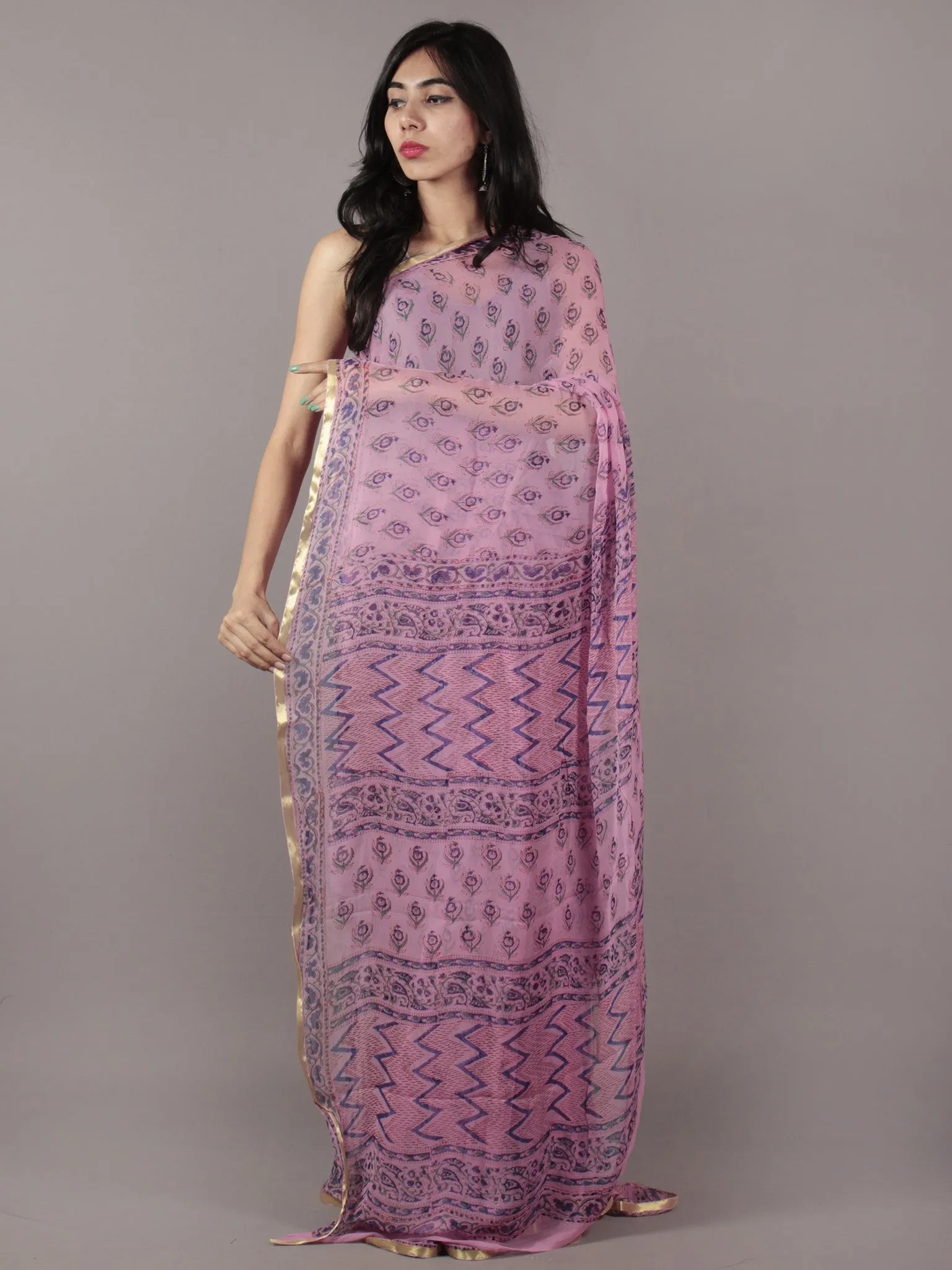 Baby Pink Purple Green Hand Block Printed Chiffon Saree - S031701868