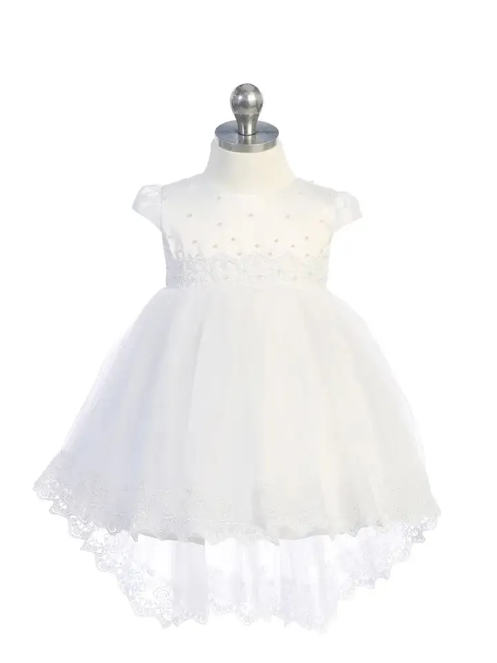 Baby Satin Bodice Dress with Scattered Pearls and Lace Applique