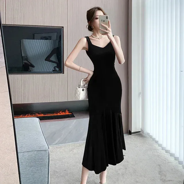 Backless Sleeveless Midi Dresses,  Autumn Winter Elegant Wedding Party Mermaid Female Clothing