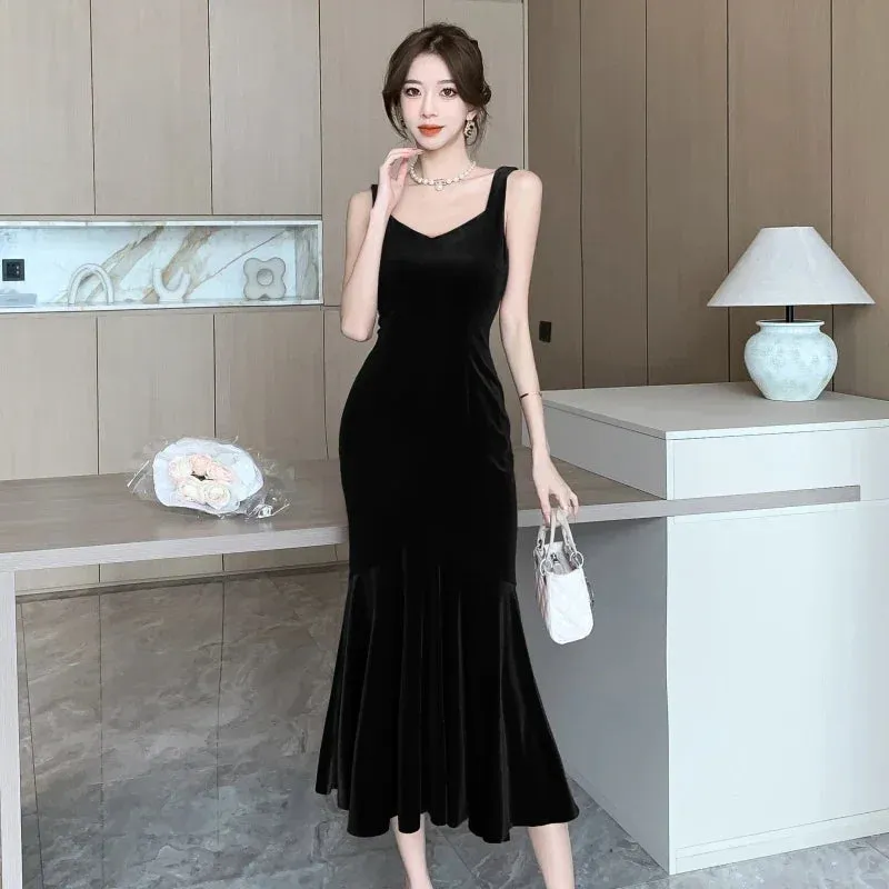 Backless Sleeveless Midi Dresses,  Autumn Winter Elegant Wedding Party Mermaid Female Clothing