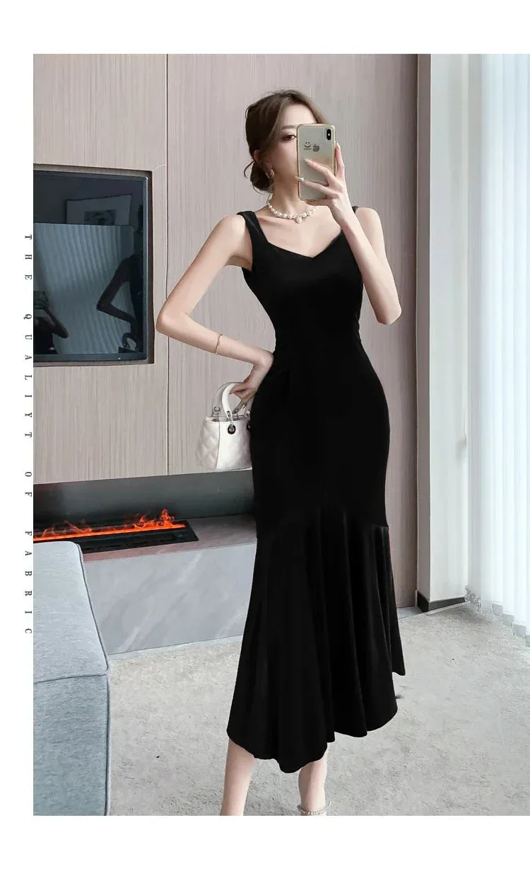 Backless Sleeveless Midi Dresses,  Autumn Winter Elegant Wedding Party Mermaid Female Clothing