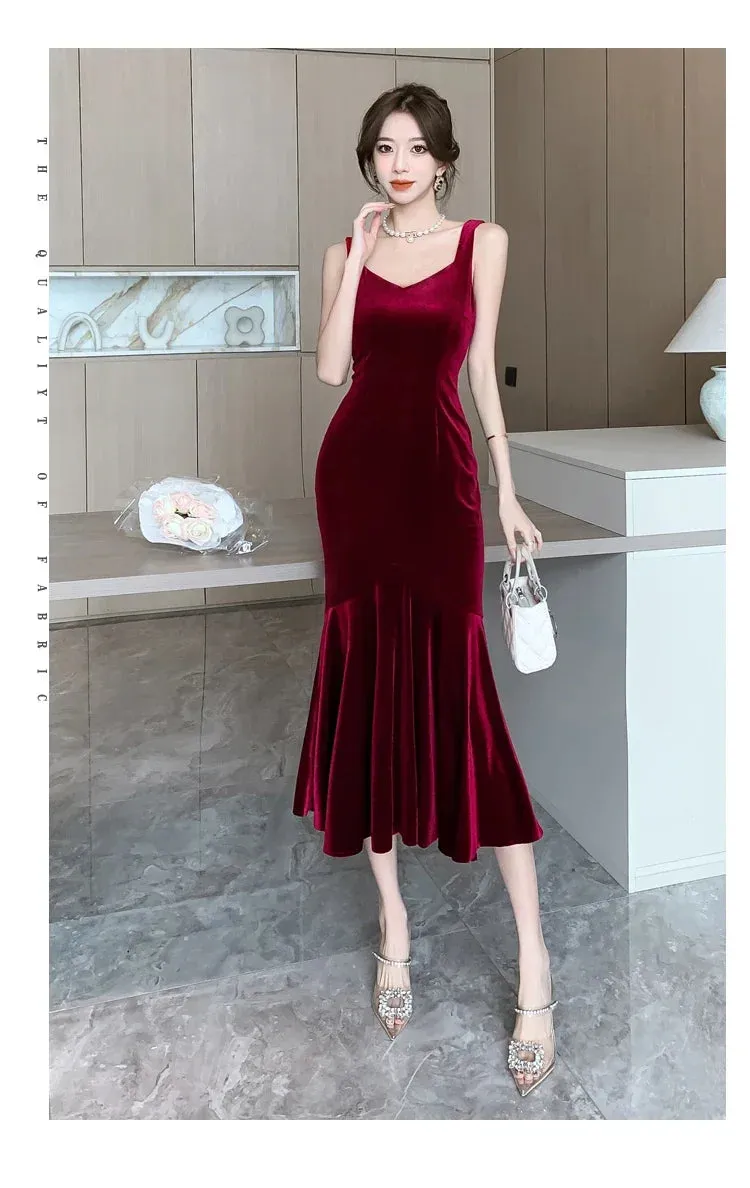 Backless Sleeveless Midi Dresses,  Autumn Winter Elegant Wedding Party Mermaid Female Clothing